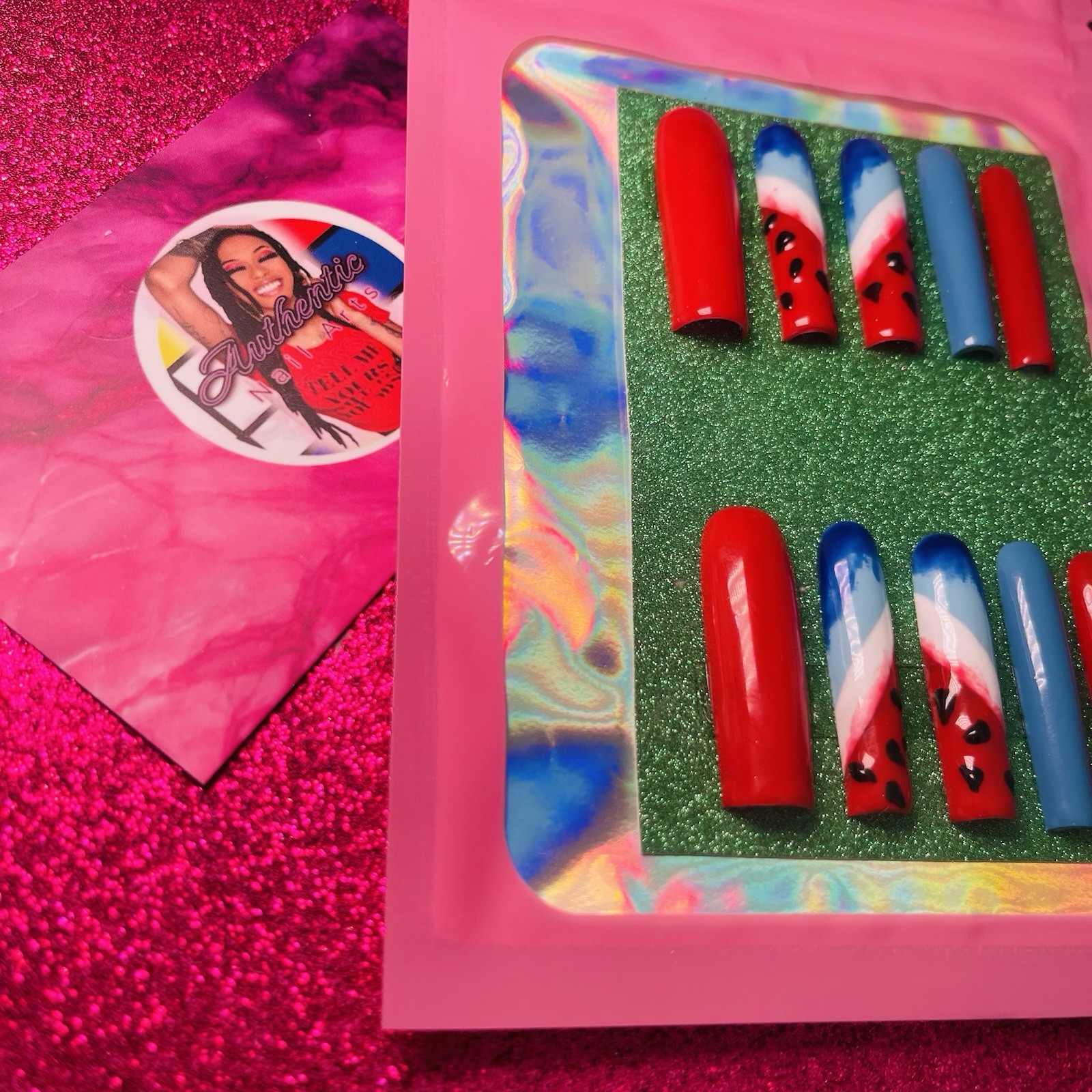 Authentic Nail Arts by Dia Square Press-On Nails Red Blue White Black Patriotic