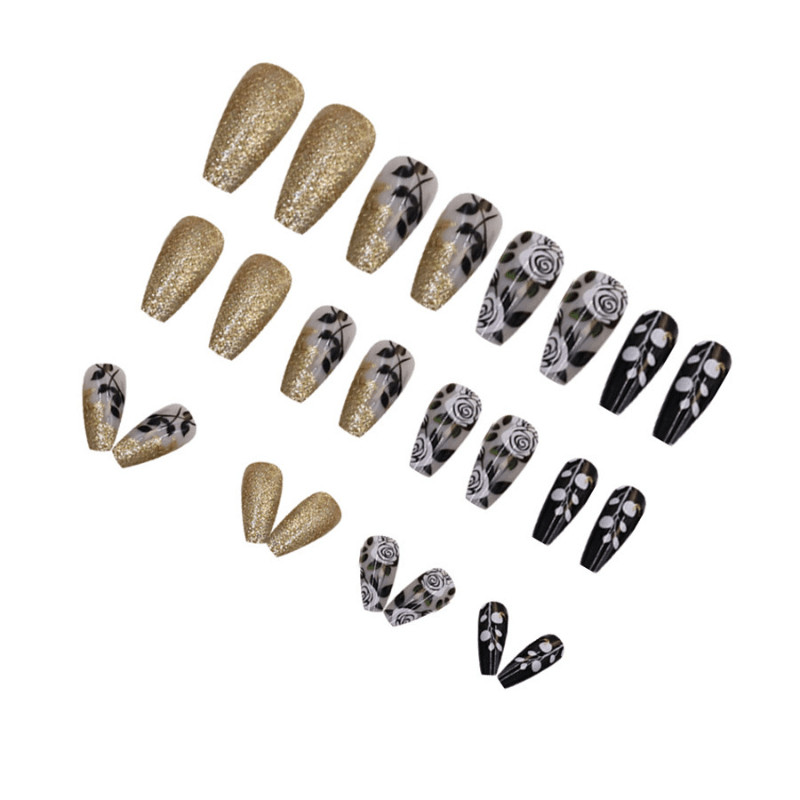 48 Pcs Black Rose Gold Glitter Oval Press on Nails, Vintage Cool Nude Fake Nails