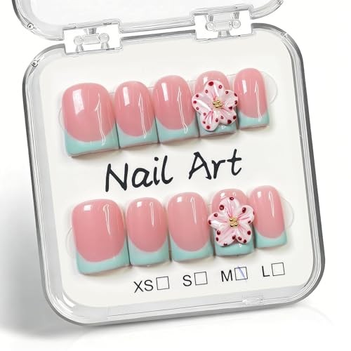 10 Pcs Handmade Press on Nails Short Square Fake Nails with 3D Handmade ss03
