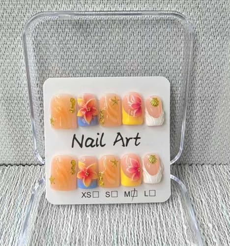Short Blue French Tip Press-On Nails with 3D Flower Designs – 10pcs Acrylic Set
