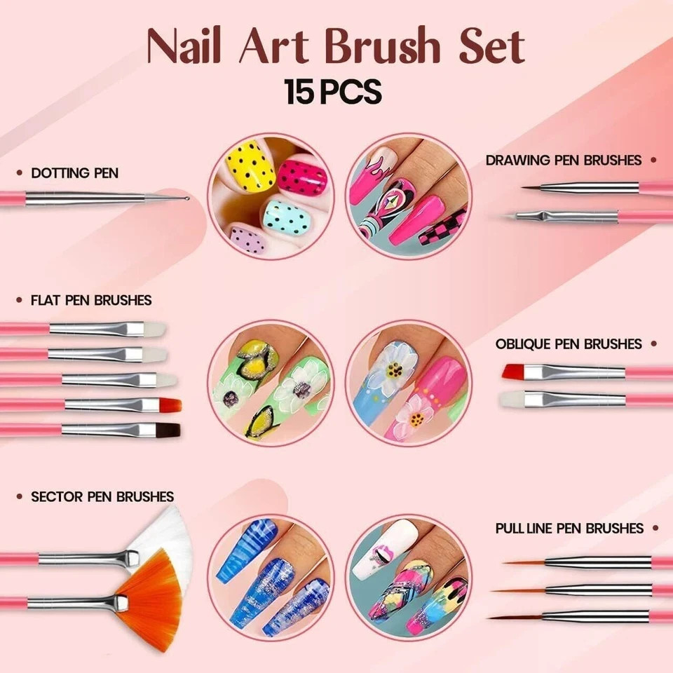 15Pcs Nail Art Brushes Set Gel & Acrylic Dotting Pens Painting and Manicure UK