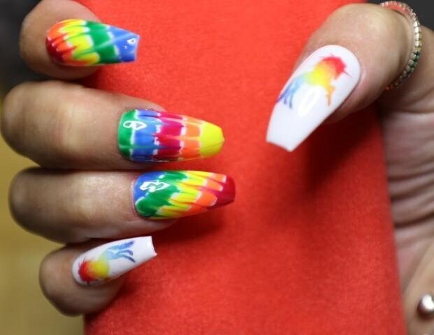 Psychedelic Tie-Dye Unicorns Press-On Nail Set – Long Ballerina (Size Medium)