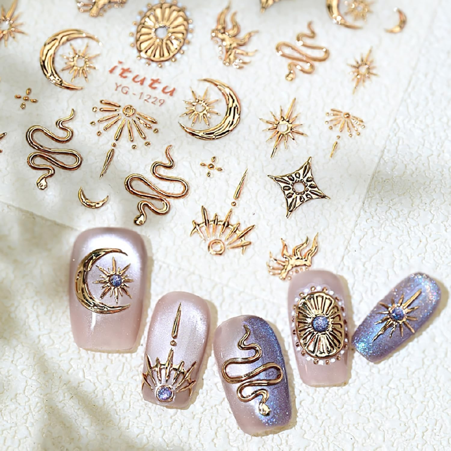 1 Sheets Embossed Star Nail Stickers for Nail Art Gold Snake Nail Decals 5D Self