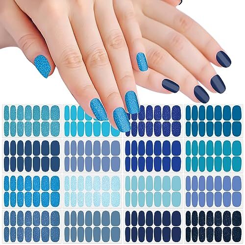 16 Sheets Blue Nail Wraps for Women Glitter Solid Color Elegant Blue Style