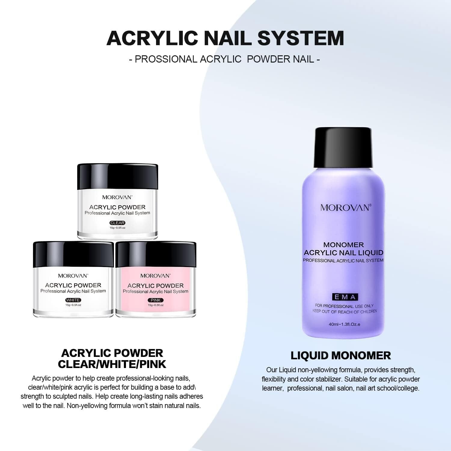 Acrylic Nail Kit: Clear Pink White Acrylic Powder and Professional Liquid Set fo