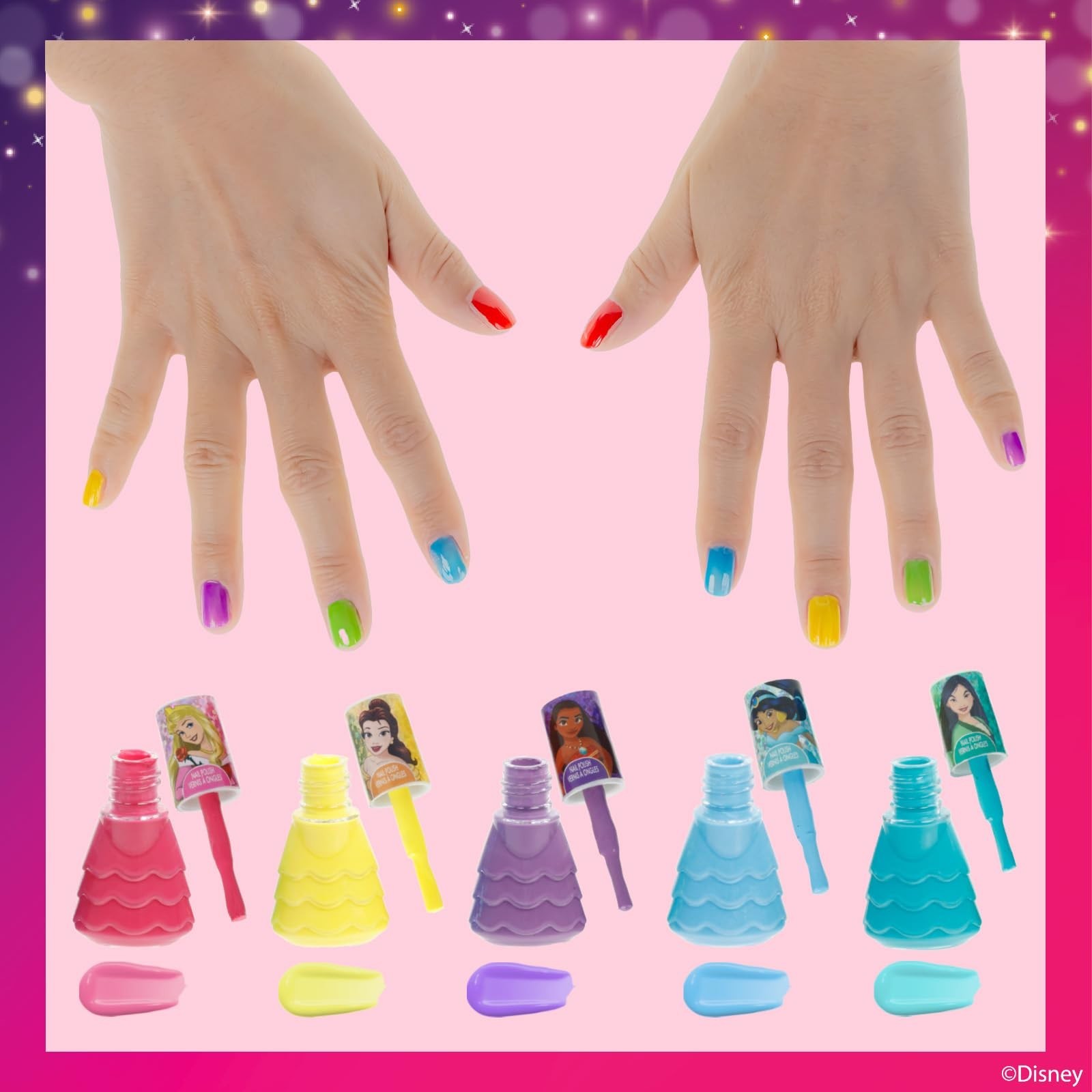 Disney Princess 15 Piece Water-Based Nail Polish with 3 Toe Spacers, Quick Dr…