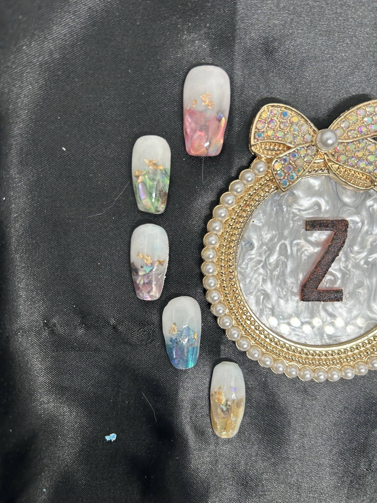 Z NAILZ! Handmade Gorgeous Milky White & Encased Abalone Shell Press On Nails