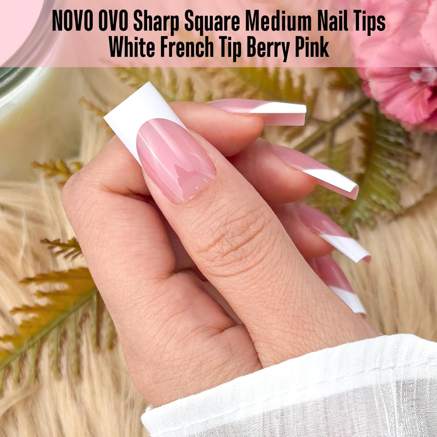 Medium Sharp Square White French Tip Nail Tips Press on BERRY PINK, Extra Thick
