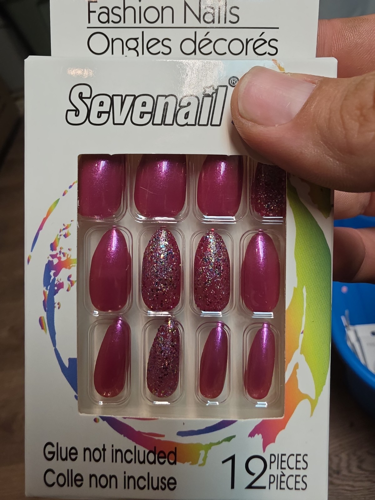 Sevenail Fashion Nail Set 12 Piece Maroon Glitter Adhesive Tab Included
