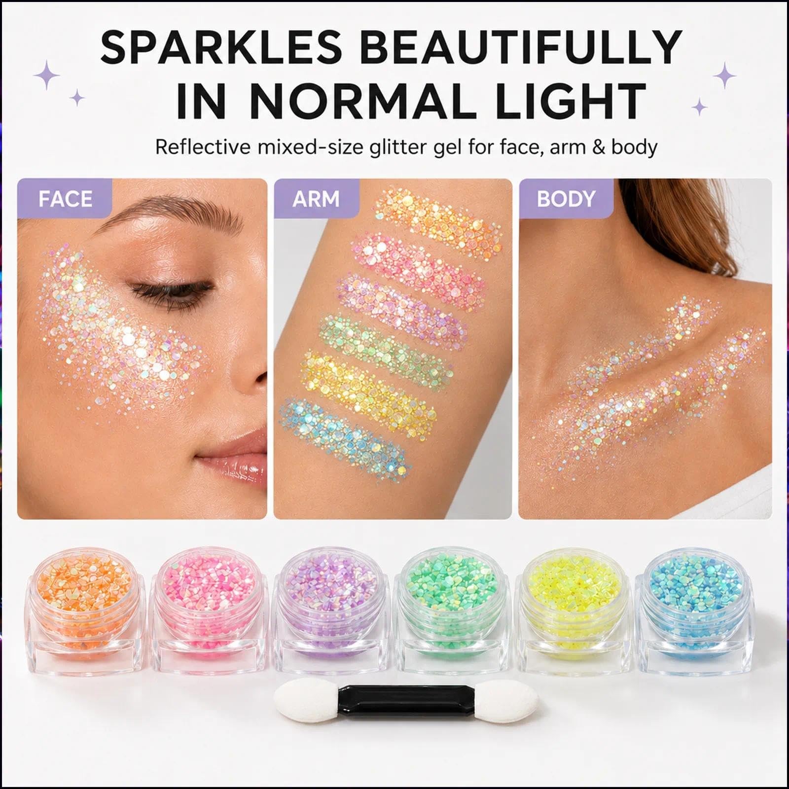 6 Colors Glow in The Dark Glitter Gel, Face & Body Glitter for Women, Neon Bl…