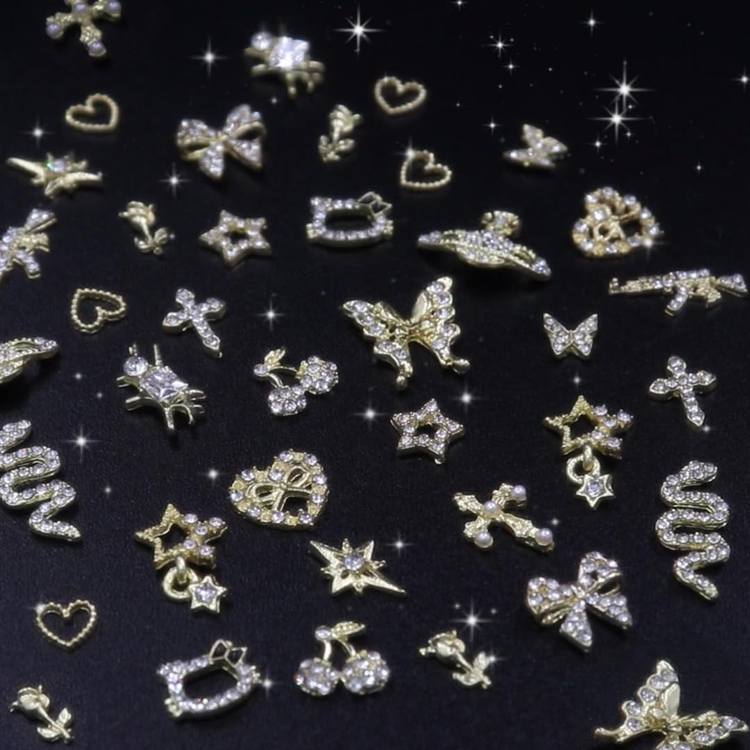 40Pcs Gold Nail Charms Nail Art Rhinestone Gems 3D Sparkling Nails Jewelry for A