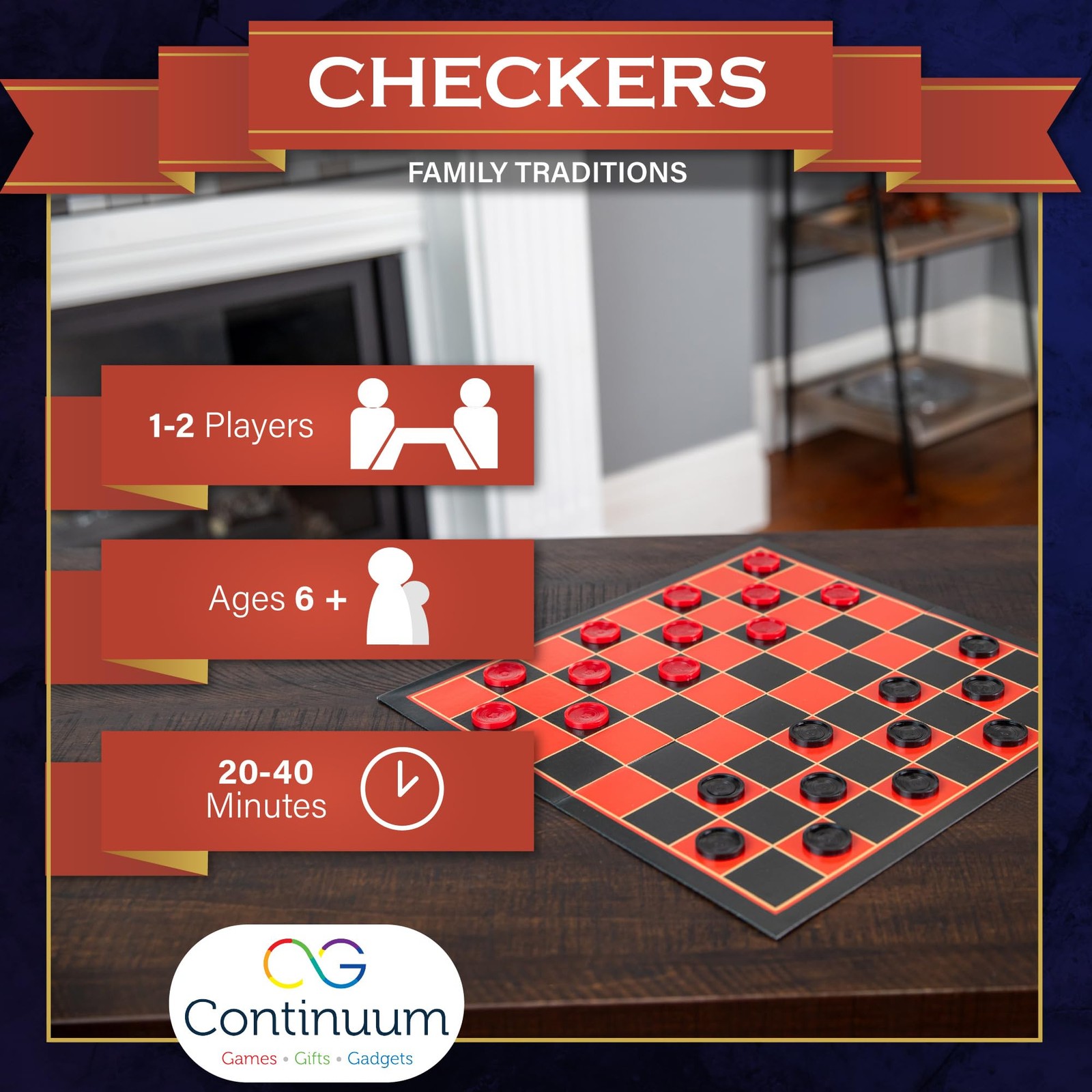 Continuum Games Checkers Family Traditions Board 15.5 x 8 x 1.5 inches