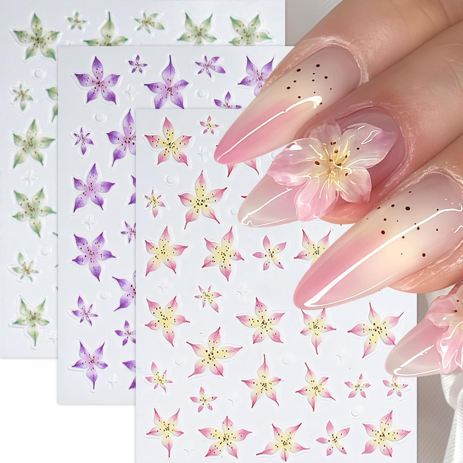 6 Pcs Flower Nail Art Stickers Decals 5D Lily Flower Embossed Nail Decals Purple