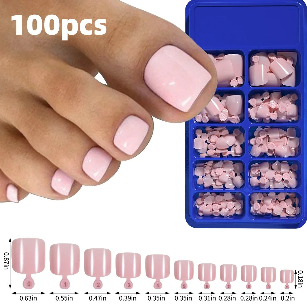 120pcs Press On Toenails Pink French Tip Short Square Glossy Finish False Foot
