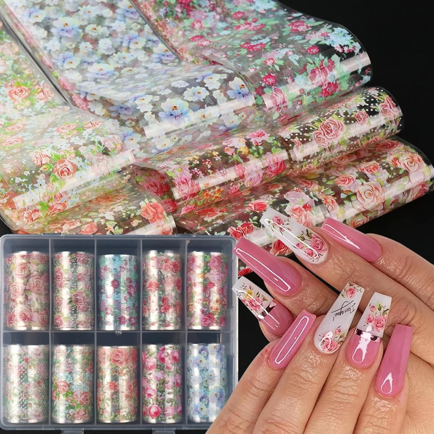 10 Rolls Flower Nail Art Foil Transfer Stickers Vintage Rose Floral Nail Foil Sh