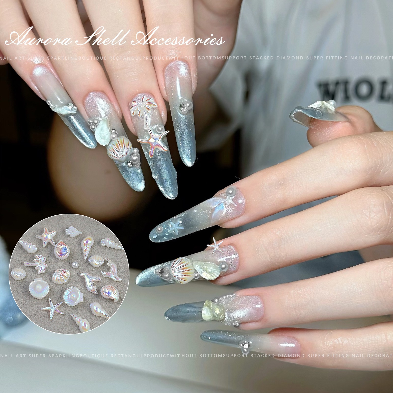 12 Grids Starfish Seashell Nail Charms Summer Ocean Manicure Nails Decor