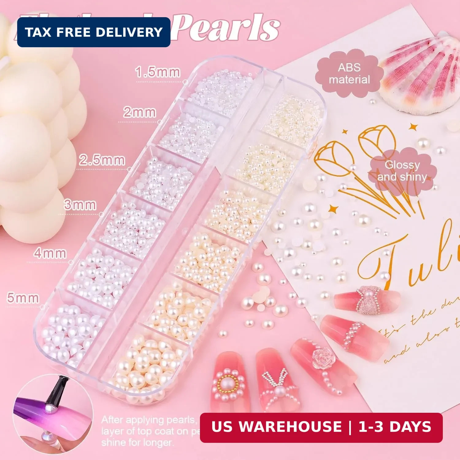 Flatback Nail Pearls Gems, Half Round Silver and Gold Nail Charms Beads and Whit