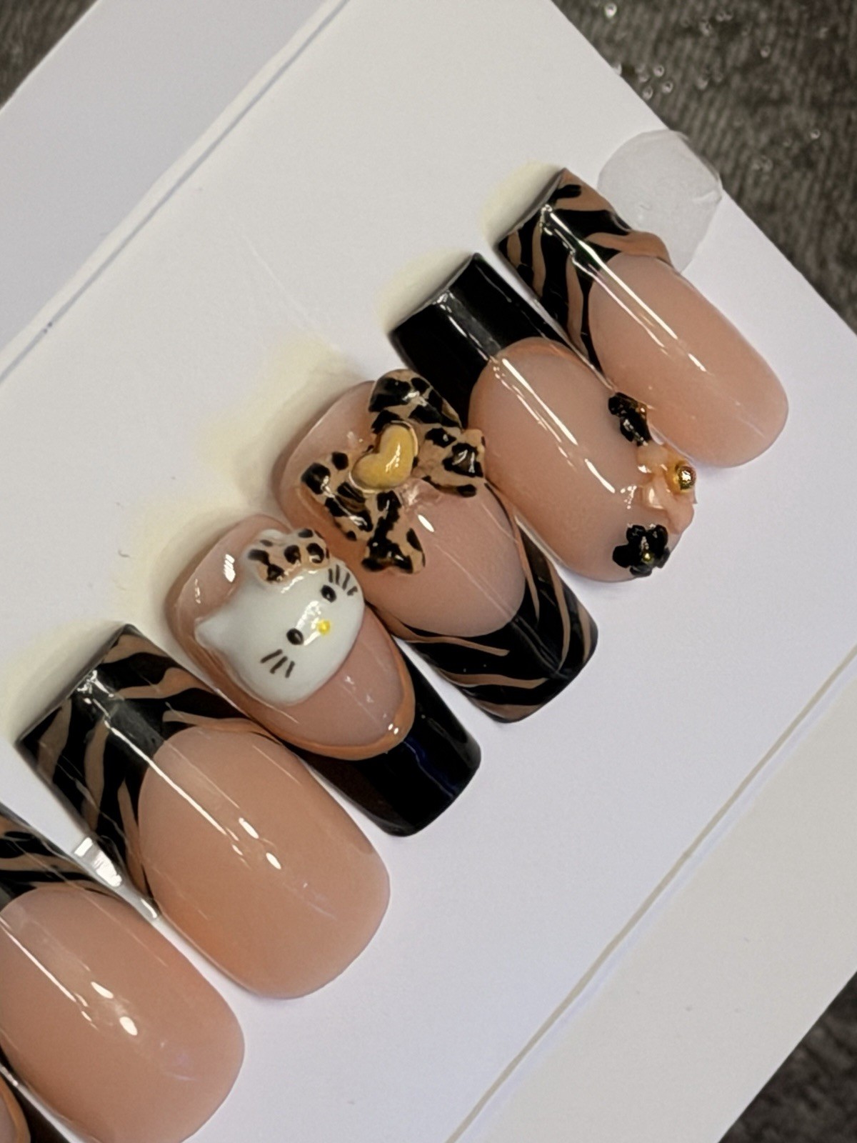 ✨ CUSTOM Press On Nails FRENCH BLACK HELLO KITTY BLING Flower 10p SET W Kit
