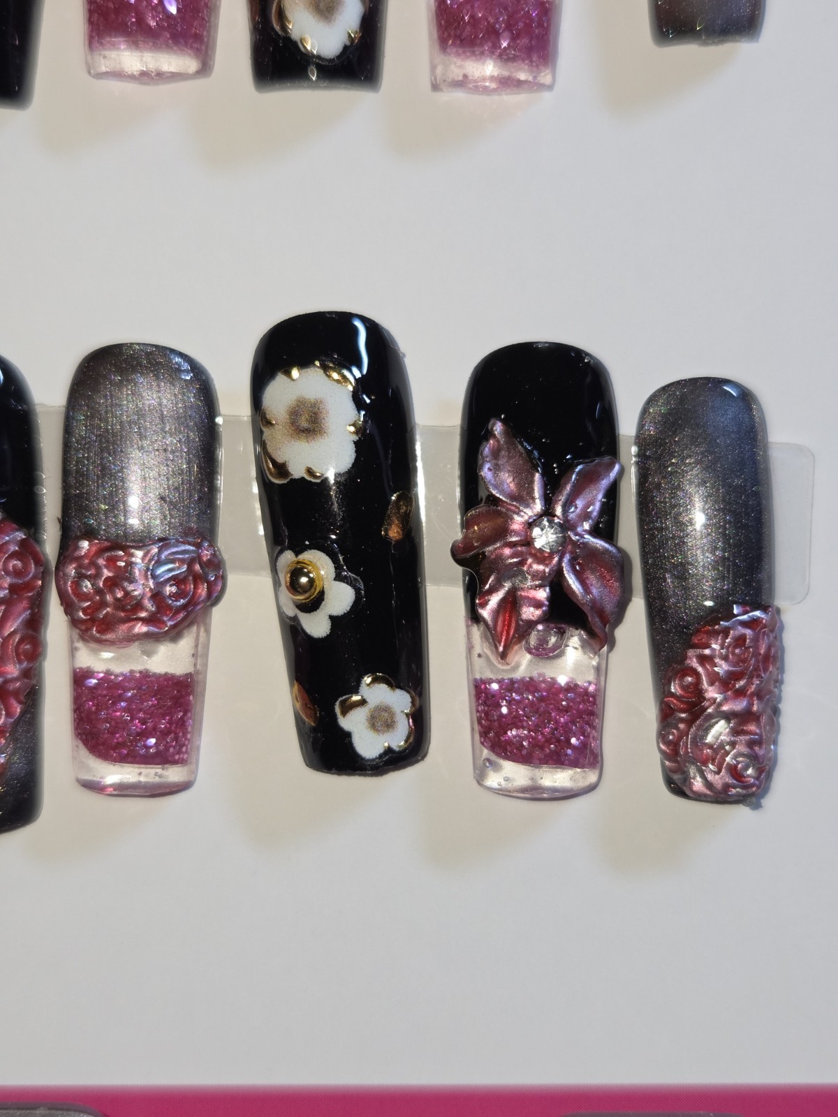 Press On Nails Handmade Medium Hot pink black hot pink water nails