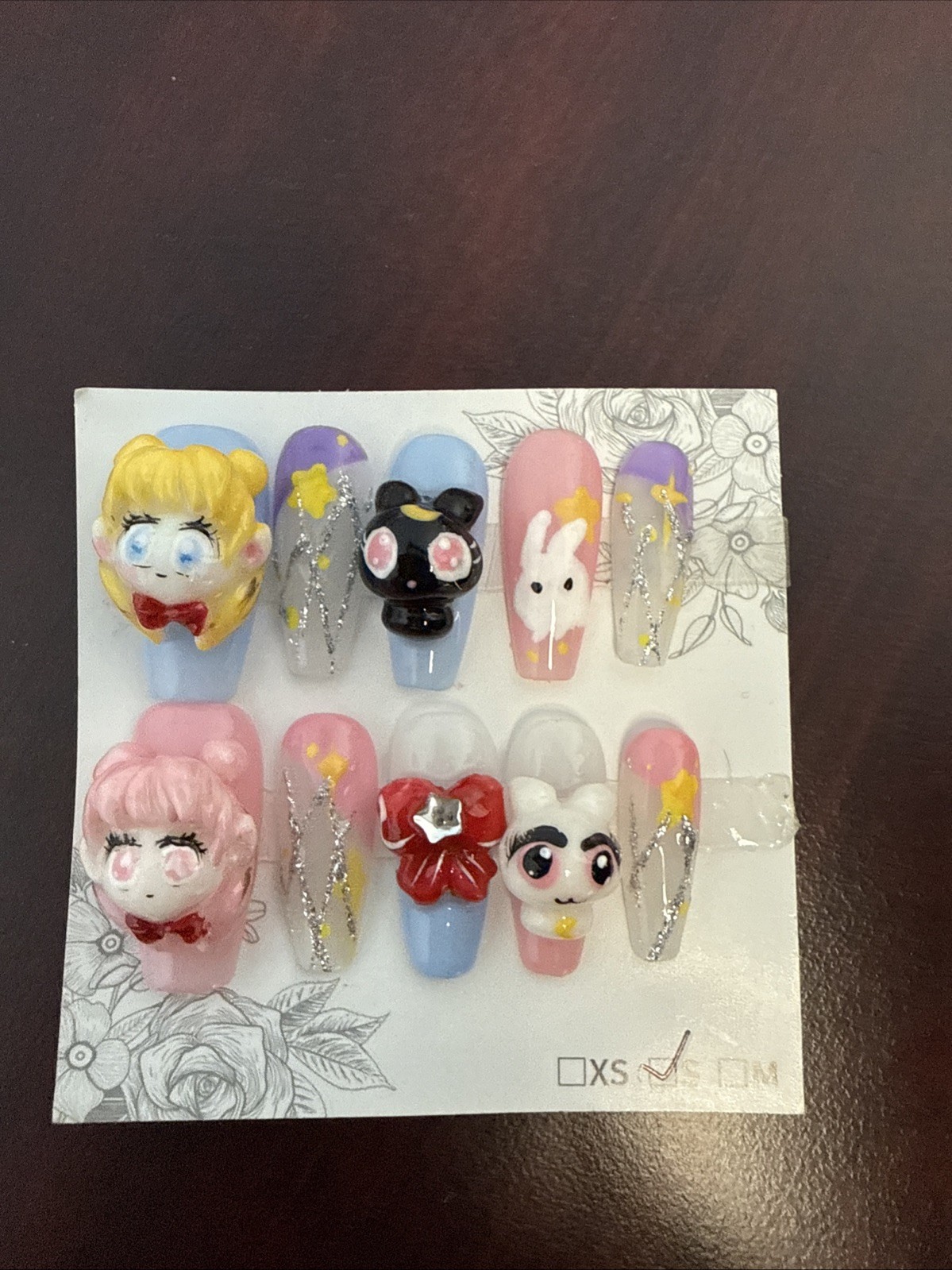 Hand Painted Sculpted 3D SAILOR MOON Press On Nails Coffin Size S
