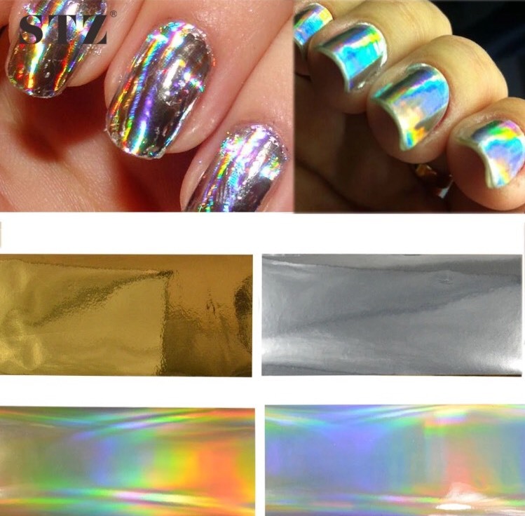 Holographic Nail Foils Wraps Mirror Shine Stickers Silver Gold 4pc x 20cm SET