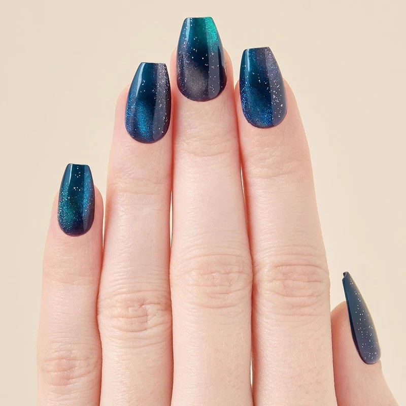 Kleo Kolor 30 Press-On Gel Nails~Galaxy Aura~Teal/Violet Color Shift~Long Coffin