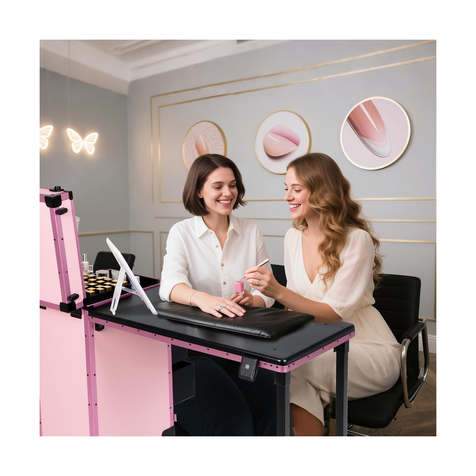 Rolling Portable Manicure Table with 3 Drawers, Lockable Makeup Train Case wi…