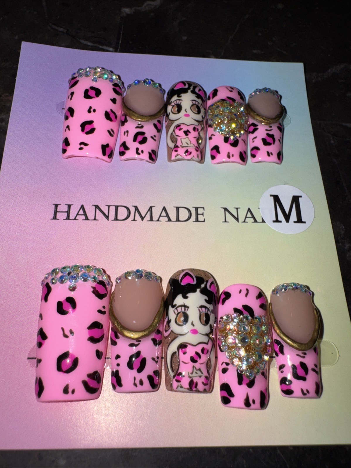 Handmade Betty Boop Inspired Press On Nails Medium Square Glam Rhinestone Set