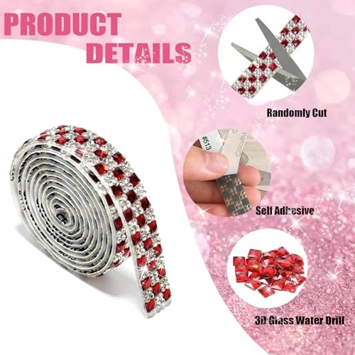 4Rolls Self Adhesive Crystal Rhinestone Strips, Glass Gems Rhinestone Red B