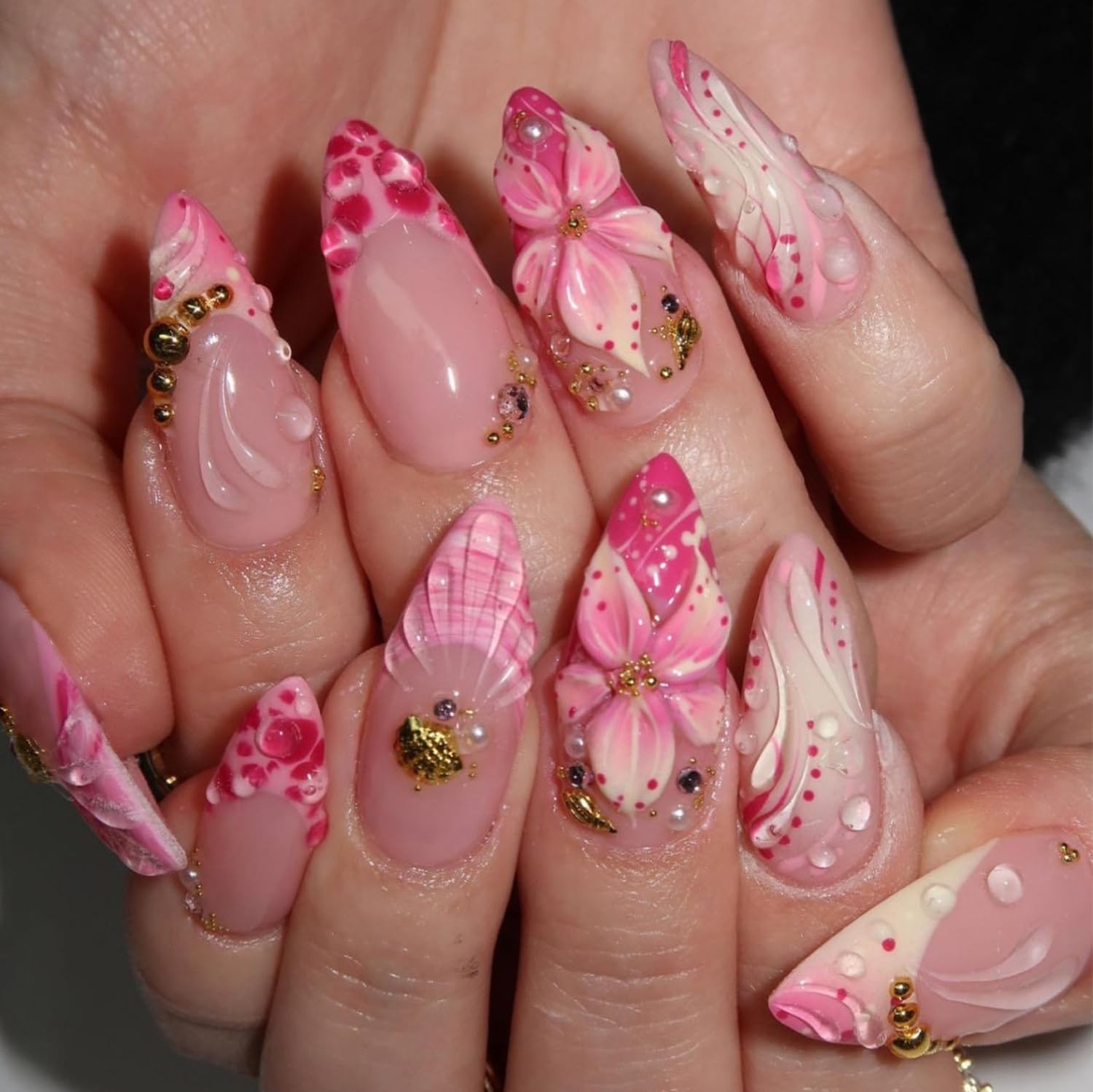 PSBRBAD Summer Flower Almond Press On Nails Medium
