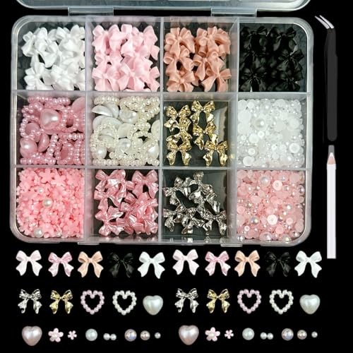 Gold Bow Nail Charms Kit, Cute Pink Flowers Bows 3D Nail Charms for Nails 01