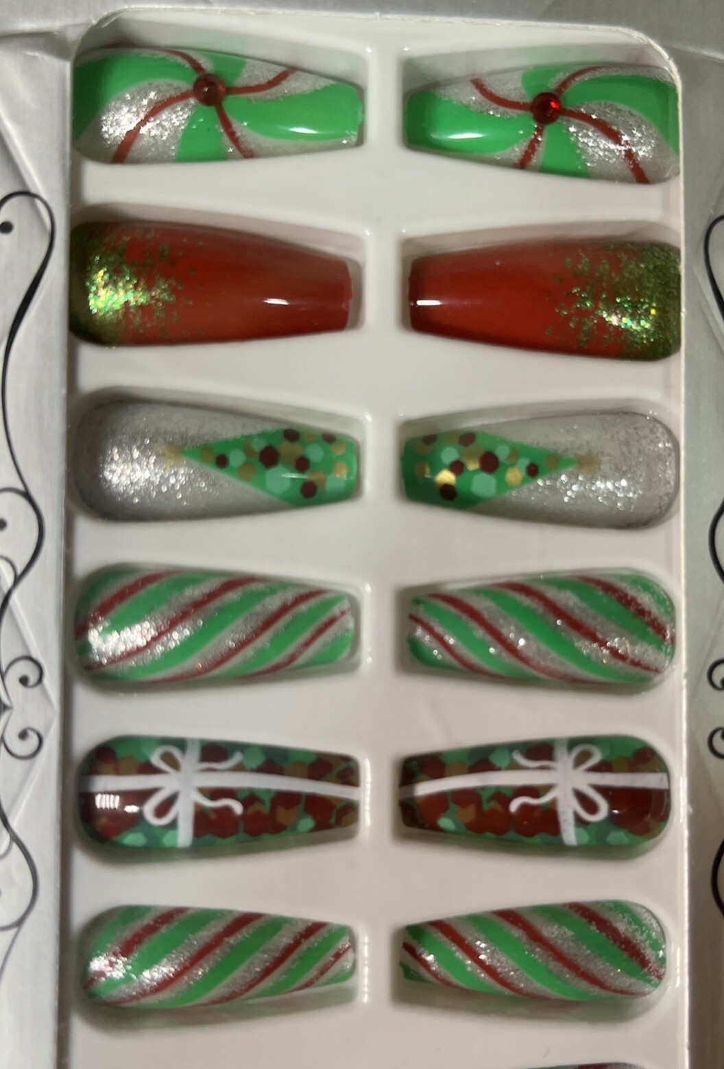 2 New Xmas Sets Of PressOn Manicure Nails Almond Burgundy Glam Coffin Red Green