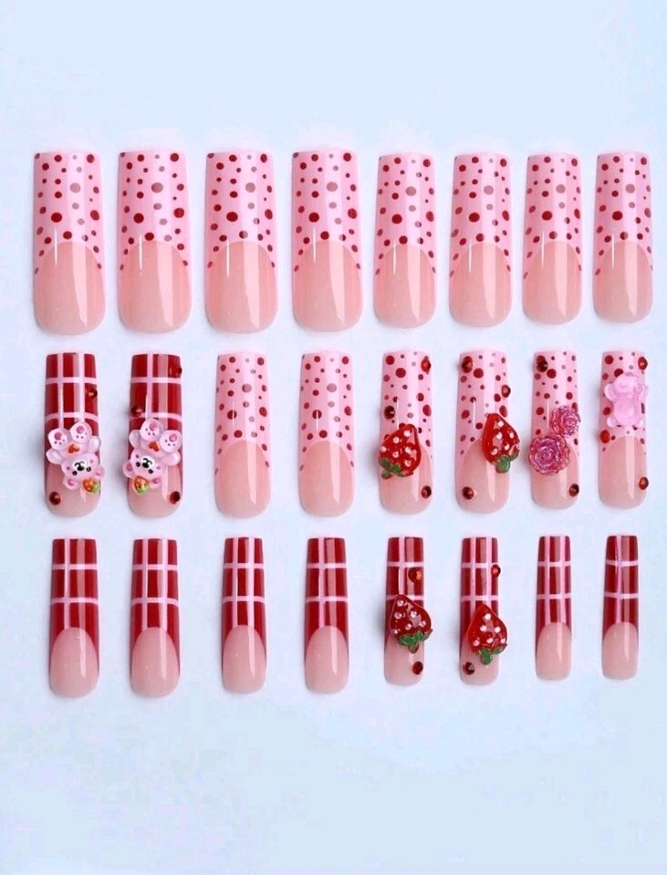 Strawberry Teddy Bear 3D Polka Dot Press On False Nails