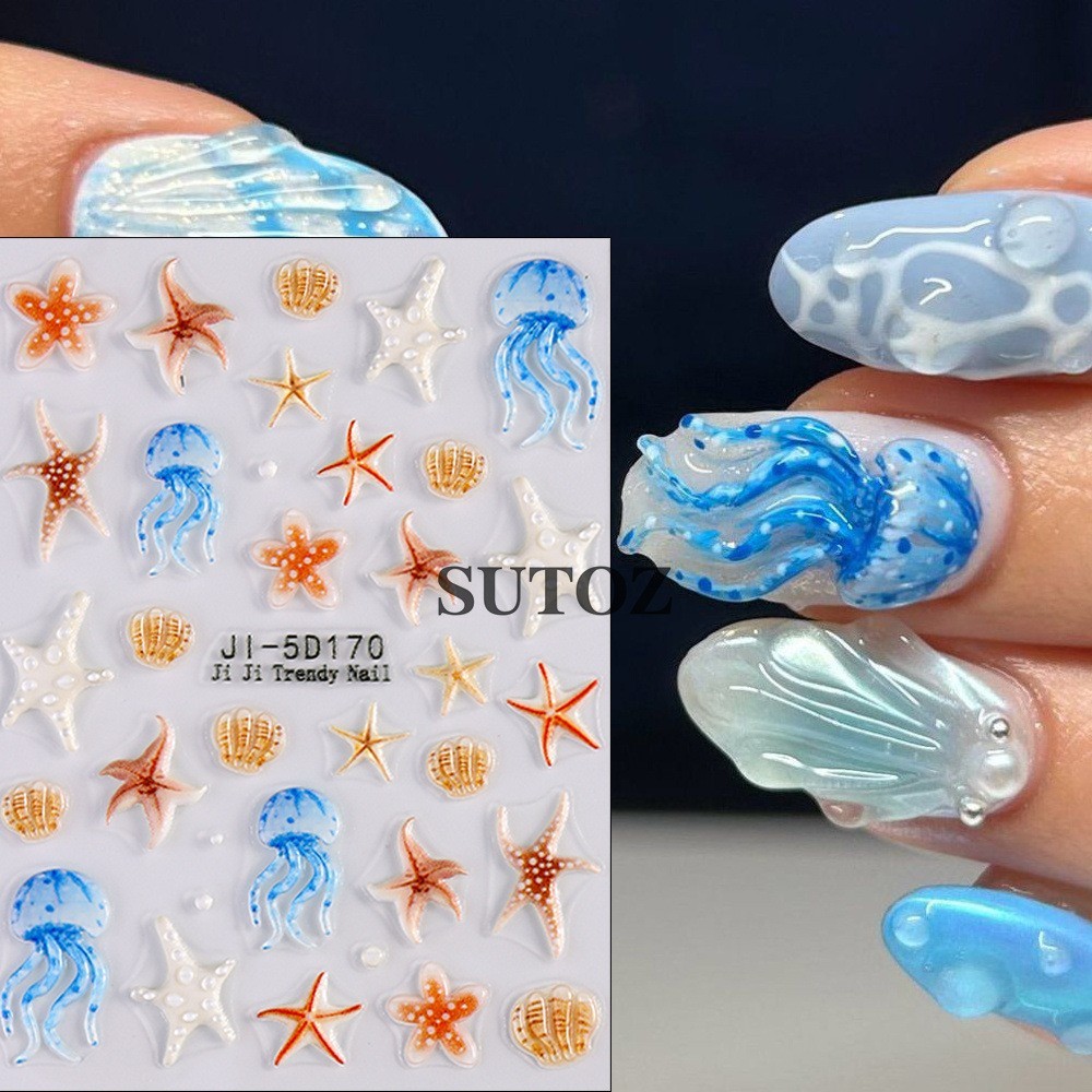 Summer 5D Embossed Ocean Nail Art Stickers Flower Starfish Seashell Coconut NH29