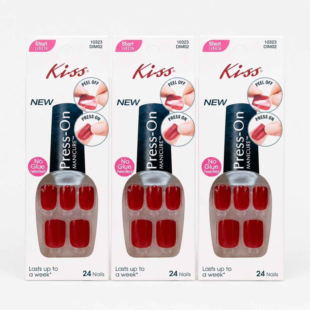 3 Pack Kiss Press-On Manicure Red Short Length Nails No Glue Needed 10323 DIM02
