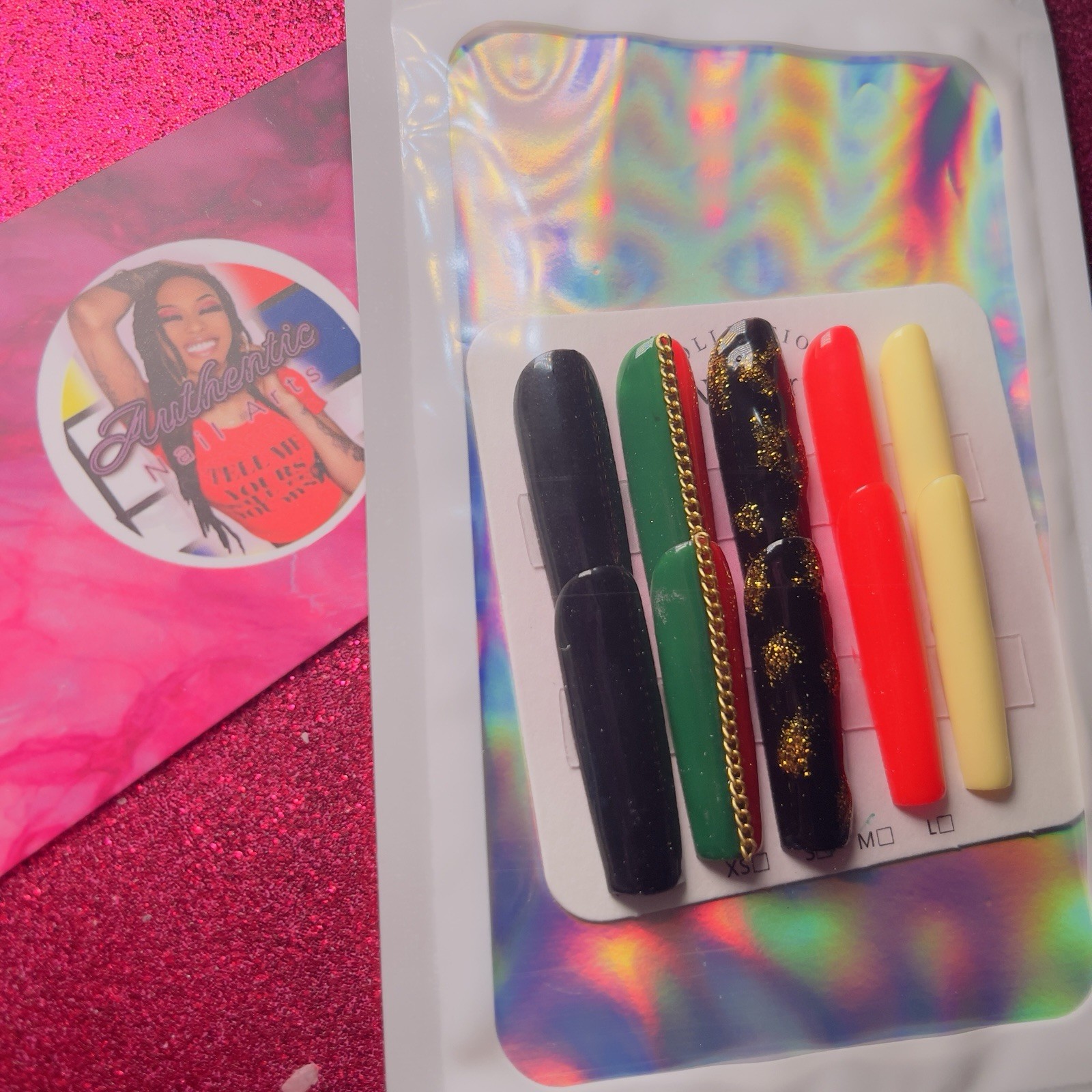Authentic Nail Arts by Dia Long Coffin Press-On Nails Glitter Black Green Red