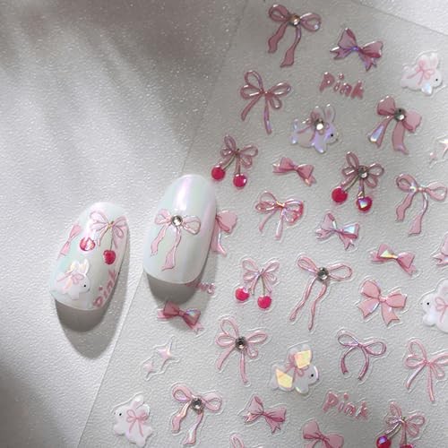 Bow Nail Art Stickers 3D Self-Adhesive Glitter Pink Bows Nail Glitter Bow Style