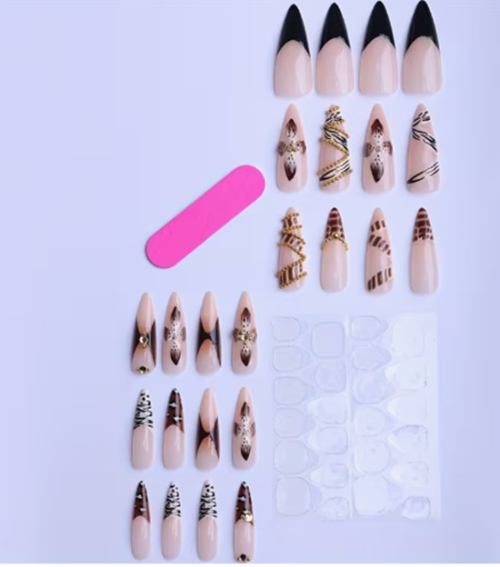 24 Pieces Press-on Nails -Long Almond Pointed Glossy Browns Animal Flowers 3D