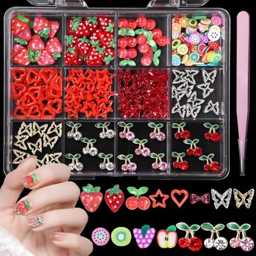 Fruit Cherry Butterfly Nail Charms Gems, Gold Silver Cherries Butterflies