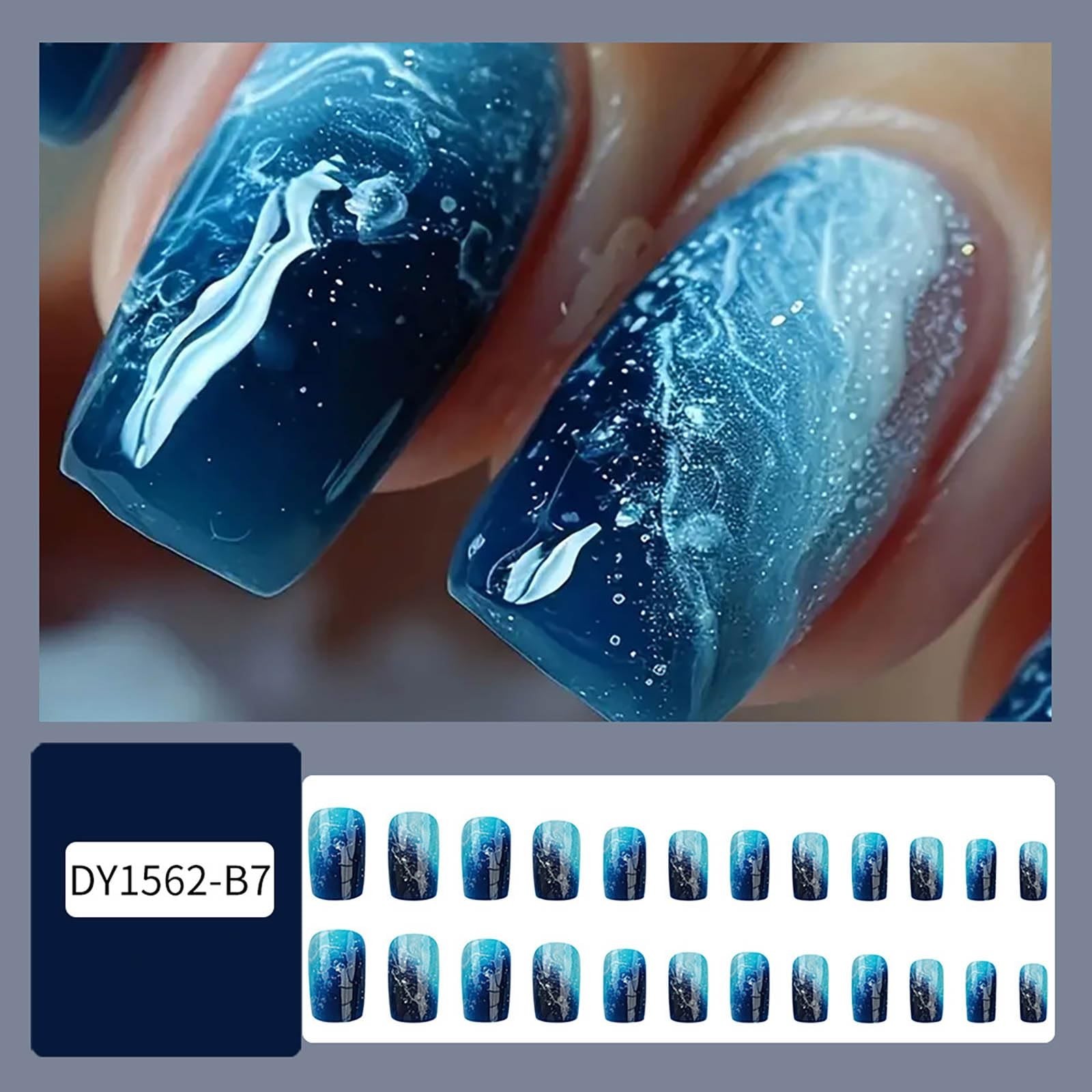 Ocean Wave Blue Press On Nails with Glitter & 3D Bubble Effect