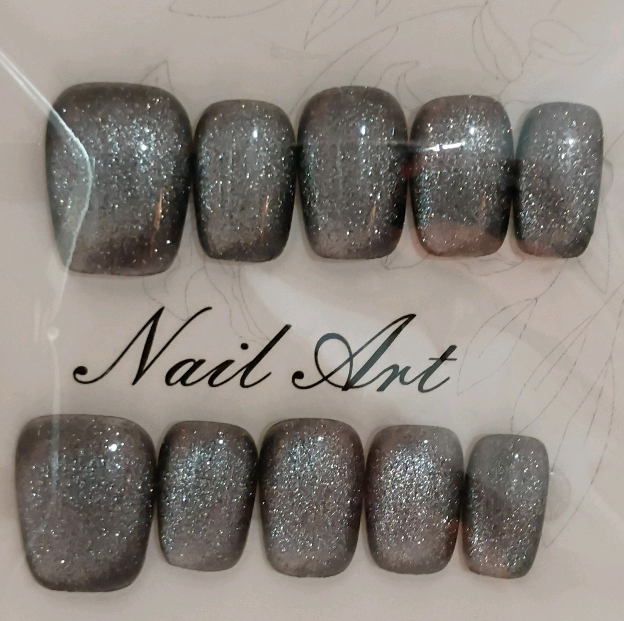 Press-On Nails Gray Silver Glitter Cat Eye Short Square, Size M