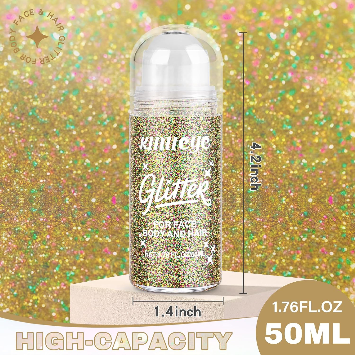 Roll-On Face Body Glitter Gel for Mardi Gras Rave Makeup, 1.69 Oz | Gold Green P