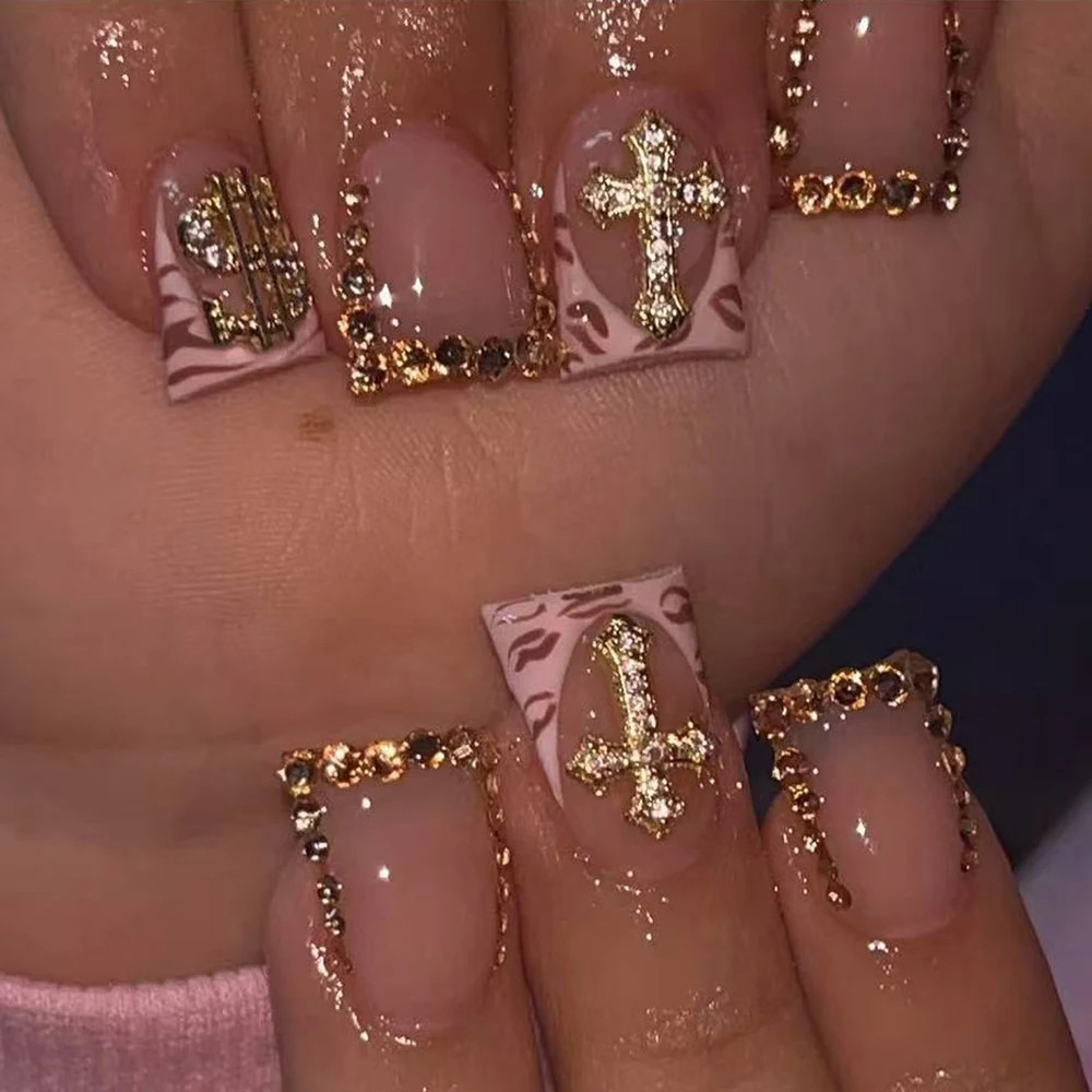 Leopard Print Nude Fake Nails 10PCS Short Square Diamond French Pointed Nails