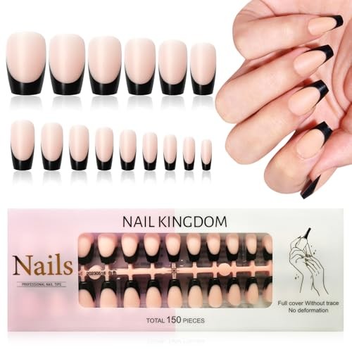 Black French Tip Press on Nails Short Coffin Fake Nails, 150pcs G-Short Coffin