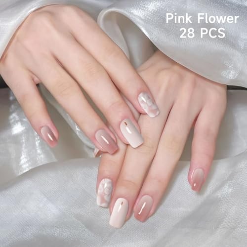 28 pcs Semi Cured Gel Nails Strips – Work with Any Pink Flower
