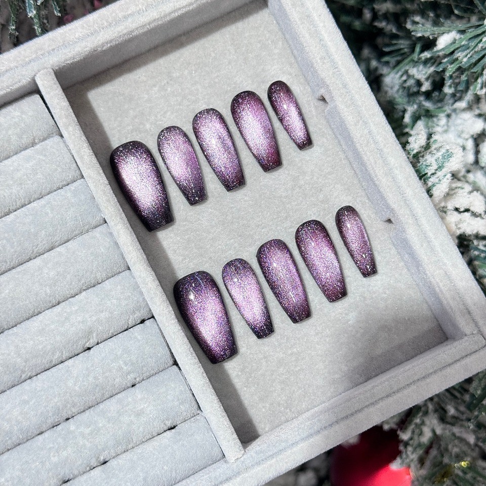 Purple Galaxy Cat Eye Press on Nails Handmade Fake Fingernails Gel Polish