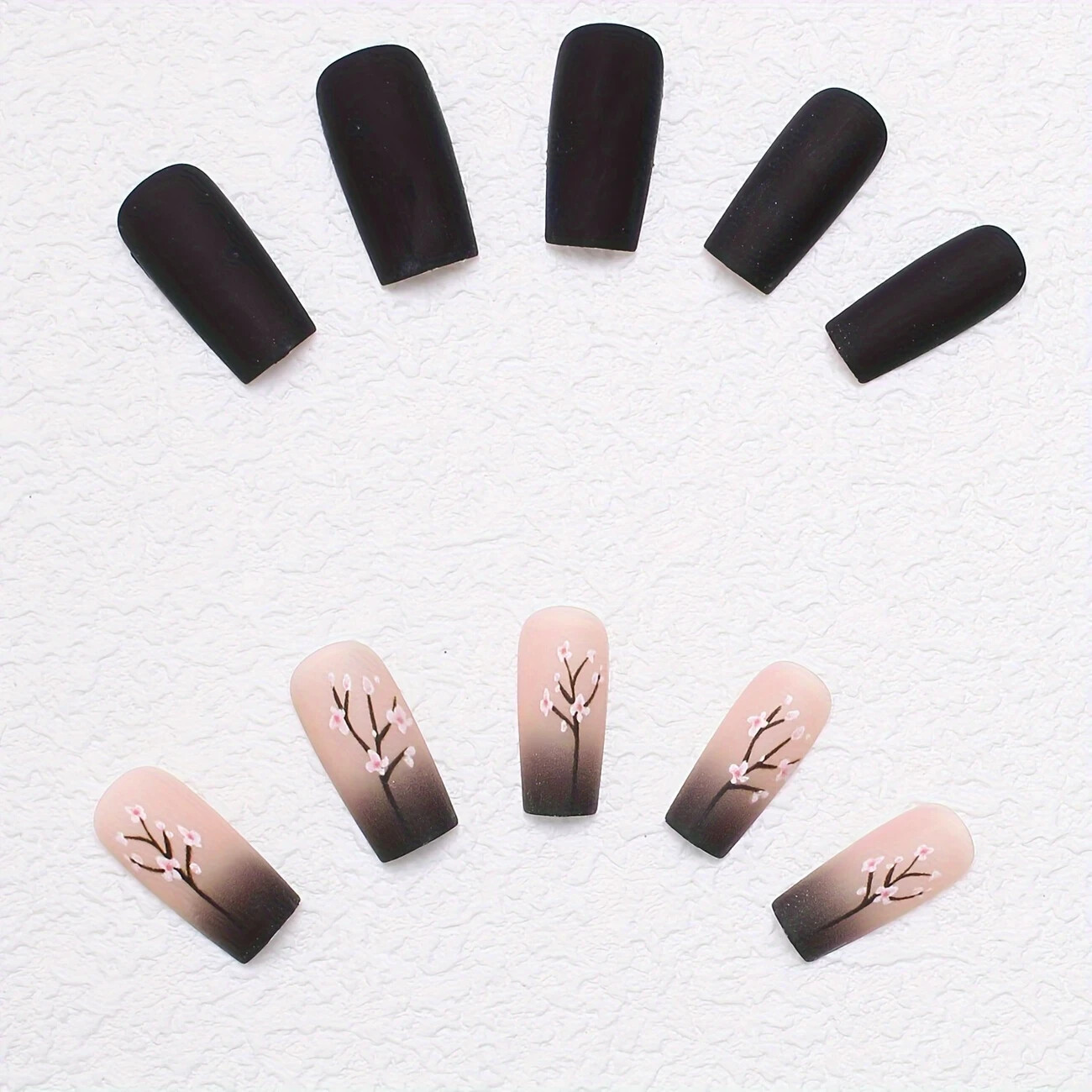 24 Pcs Press-On Oval Nails – Middle Length Black and Pink Gradient with Cherry
