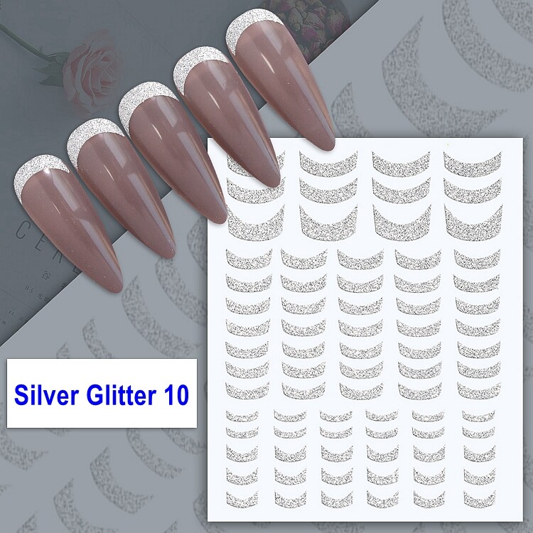 French Tips Nail Sticker Wave Line Irregular Swirl Stripe Silver Glitter