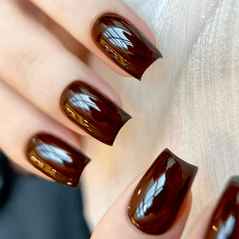64Pcs Dark Wine Red Short Square Press on Nails, Bright Warm Nude Fake Nails