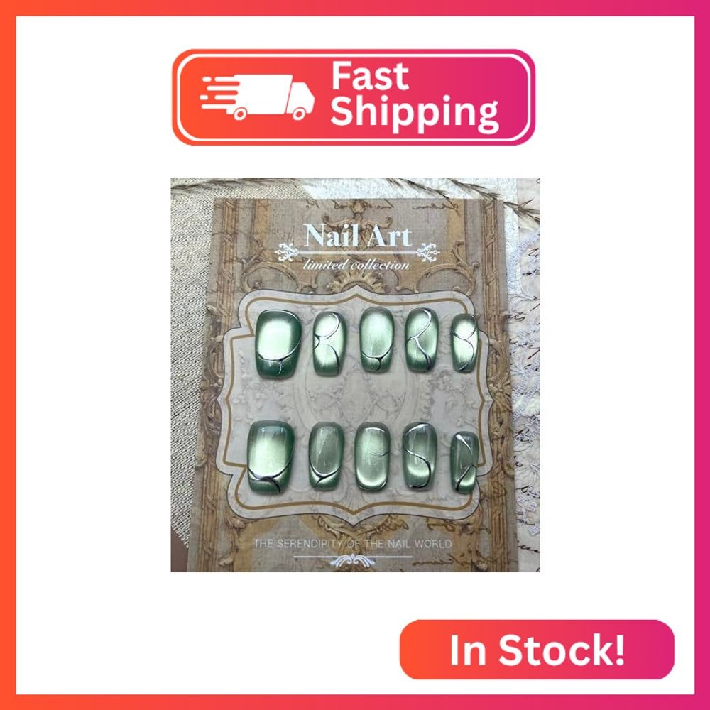 CkeYesOwn Press On Nails Medium Oval-Green Base with Silver Foil Flakes-Almond P